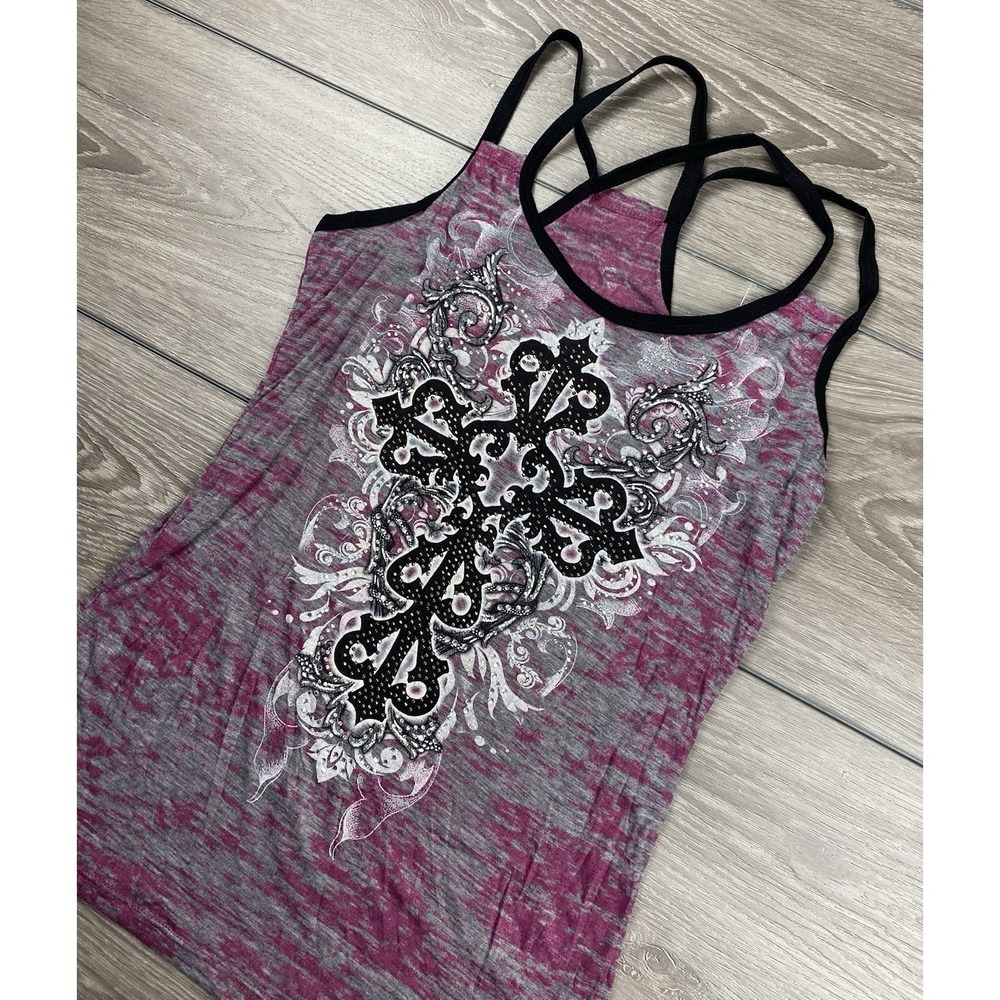 Vocal Womens Embellished Cross Sleeveless Tank Cross Cross Back Purple Grey Sz L